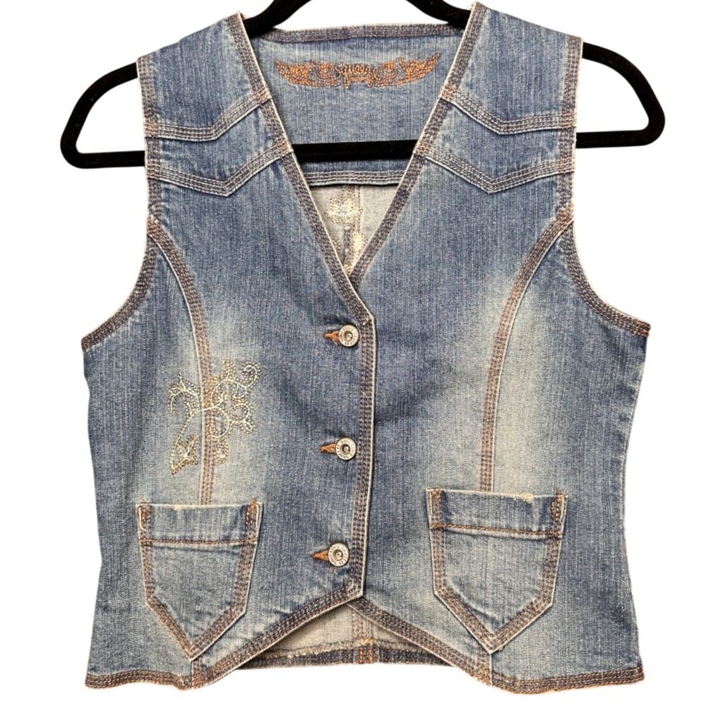 Vtg Y2K Womens Denim Vest Rhinestone Embellishment Embroidered Wings Size 9 10